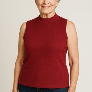 Vintage Eileen Fisher Petite Wool Mock Neck Sleeveless Top Red PL